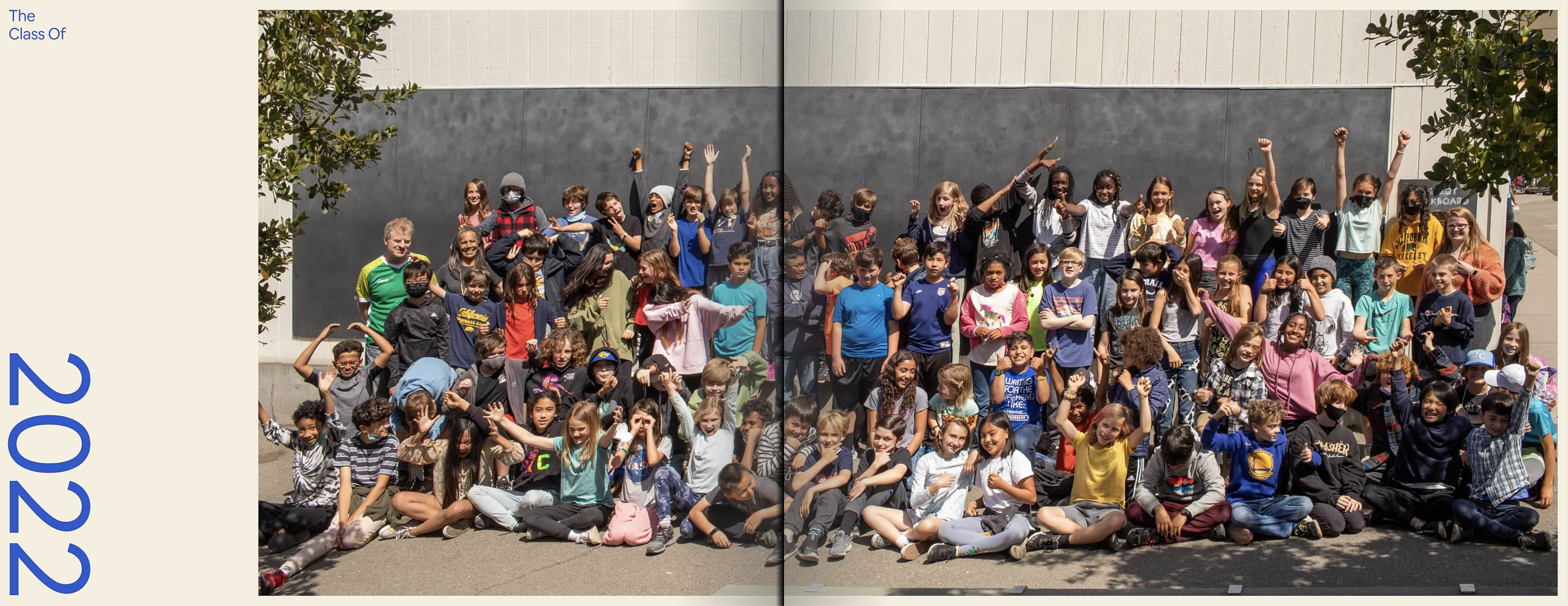 Picture of the entire 5th grade class in front of the chalkboard by the upper yard portables.